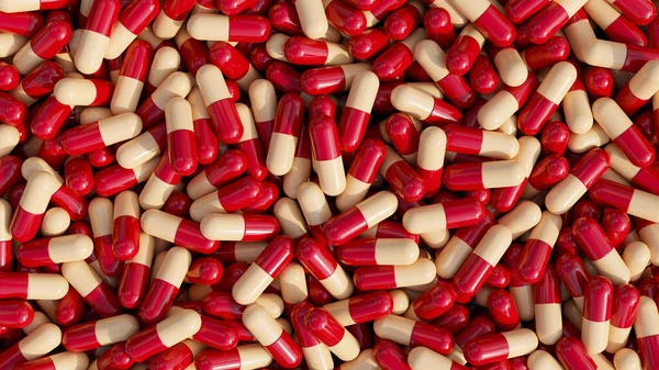 Pile of pills background, pill capsules in red and beige color. drug or vitamin capsules. 3d render, 3d illustration