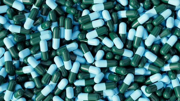 Pile of pills background, pill capsules in blue and green. drug or vitamin capsules. Pharmaceutical and Medical concept. 3d render, 3d illustration