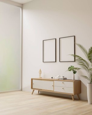 Interior design of minimal Japanese living room style with decor on wood cabinet, houseplant, minimal wood floor and blank frames mockup on white wall. side view. 3d render, 3d illustration