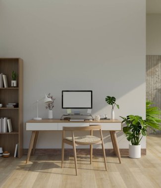 Minimal contemporary home workspace interior design with PC computer mockup and accessories on table, wooden shelves, wooden armchair, houseplant and white wall. 3d render, 3d illustration