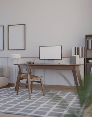Cozy minimal Scandinavian home living room with workspace interior design, PC computer white screen mockup on wood table, wood chair, lamp, carpet, frame mockup on wall. 3d render, 3d illustration