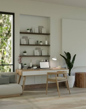 Modern and comfortable home workspace interior design with laptop mockup and accessories on table against the built-in shelves with decor. 3d render, 3d illustration