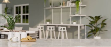 Luxury white marble tabletop with breakfast coffee set and copy space for product display over blurred modern coffee shop or co-working space seating area in background. 3d render, 3d illustration