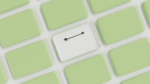 Pastel green rectangular badge pins mockup on white background. brooch mockup. 3d render, 3d illustration