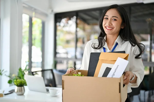 Excited Cheerful Millennial Asian Female Office Worker Feels Happy Quit — Stock fotografie