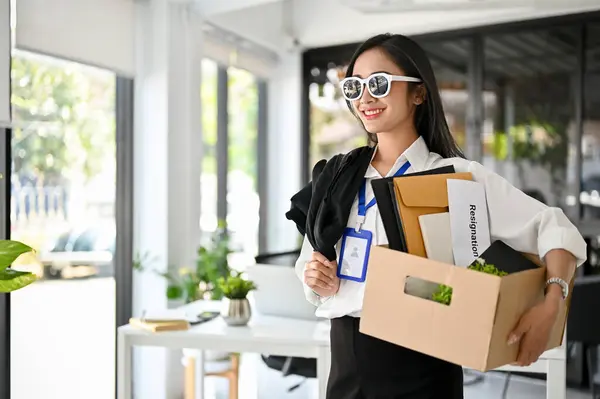Smiling Confident Millennial Asian Female Office Worker Wearing Sunglasses Carrying — Stock fotografie