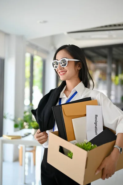 Portrait Excited Confident Millennial Asian Female Office Worker Wearing Sunglasses — 图库照片