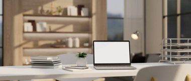 Modern white office desk in modern contemporary private office room with laptop white screen mockup, book, document tray, and decor. CEO's office concept. 3d render, 3d illustration