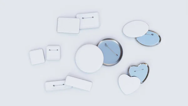 Various shape of white badge pins mockup on white background. circle, oval, heart, rectangular, square. 3d render, 3d illustration