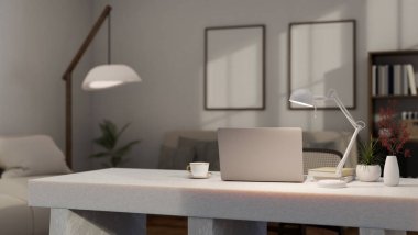 Workspace with laptop, table lamp, flower vase, coffee cup and decor on white marble table in minimal and cozy living room. 3d render, 3d illustration