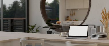 Cozy contemporary home workspace interior design with portable laptop white screen mockup, book, pampas grass in a vase and space on tabletop. 3d render, 3d illustration