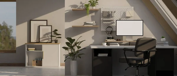Modern contemporary home workspace with PC desktop computer mockup and accessories on table, office chair, pegboard and wall shelf on white wall. 3d render, 3d illustration