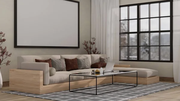 快適なソファ スタイリッシュなコーヒーテーブル カーペット 観葉植物 壁に大きなフレームポスターモックアップ付きの豪華な現代的で居心地の良い家庭のリビングルームのインテリアデザイン 3Dレンダリング 3Dイラスト — ストック写真