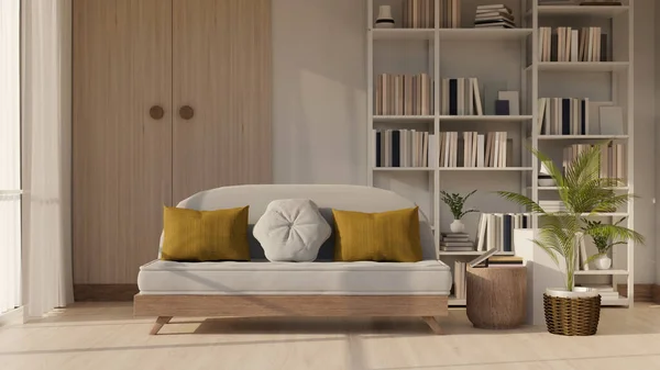 クッション サイドテーブル 観葉植物 本棚や家の装飾と美しいソファ付きの現代的なリビングルームのインテリアデザイン 3Dレンダリング 3Dイラスト — ストック写真