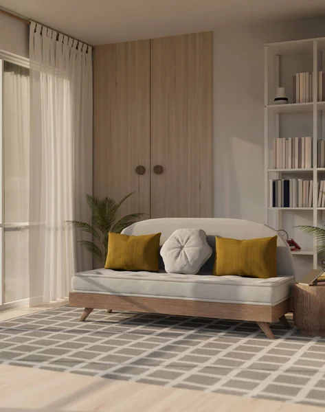クッション サイドテーブル 観葉植物 本棚や家の装飾と美しいソファ付きの現代的なリビングルームのインテリアデザイン サイドビュー 3Dレンダリング 3Dイラスト — ストック写真
