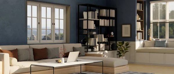 快適なソファ コーヒーテーブル 窓ベンチ 家の装飾と青い壁と居心地の良い現代北欧のリビングルームのインテリアデザイン 3Dレンダリング 3Dイラスト — ストック写真
