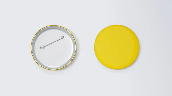 Yellow circle pin badge mockup on white background. top view, flat lay. 3d render, 3d illustration