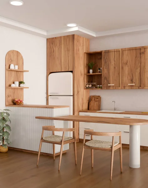 舒适的斯堪的纳维亚式厨房室内设计 采用白色和木制风格 配有木凳 室内盆栽和木地板 3D渲染 3D说明 — 图库照片