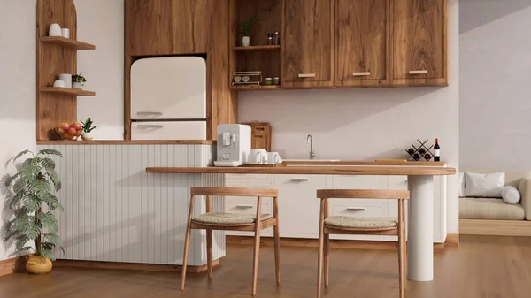 舒适的斯堪的纳维亚家庭烹饪空间或厨房的室内设计为白色和木制风格 配有木桌 厨房用具 3D渲染 3D说明 — 图库照片