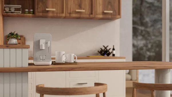 コーヒーメーカーと白と木のスタイルと最小限の北欧のキッチンでマグカップトレイと木製のキッチンテーブルに製品表示のためのスペースをコピーします 3Dレンダリング 3Dイラスト — ストック写真