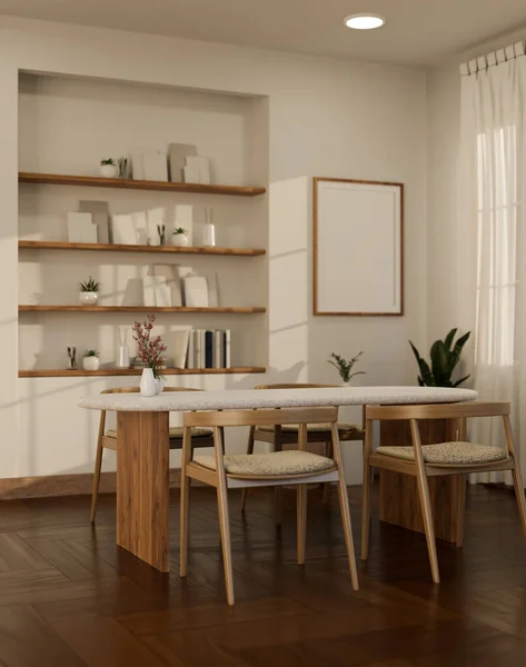美丽的斯堪的纳维亚餐厅室内设计 有最小的木制餐桌 内置式架子 室内植物 花束地板和白色墙上的框架模型 3D渲染 3D说明 — 图库照片