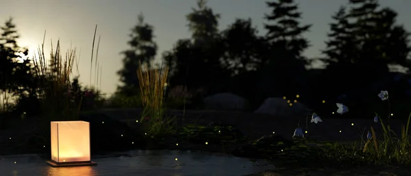 Schwimmende Lampe Oder Schwimmende Laterne Einem Teich Der Wunderschönen Waldlandschaft — Stockfoto