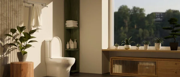 Bela Casa Banho Contemporânea Acolhedora Design Interiores Com Banheiro Planta — Fotografia de Stock