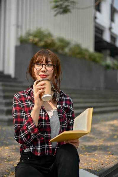 Portrait Charming Young Asian Female College Student Casual Clothes Sipping — Stok Foto