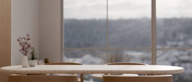 Empty mockup space for product display on modern white marble dining tabletop in beautiful dining room with large window. 3d render, 3d illustration clipart