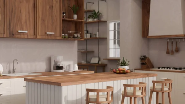 Güzel Ahşap Mutfak Tezgahında Skandinav Mutfağında Mutfak Aletleri Olan Mutfak — Stok fotoğraf