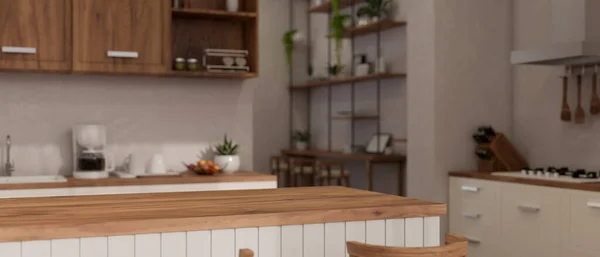 在最小的斯堪的纳维亚风格的白色和木制厨房的最小的木制厨房台面上复制用于产品展示的空间 特写图像 3D渲染 3D说明 — 图库照片