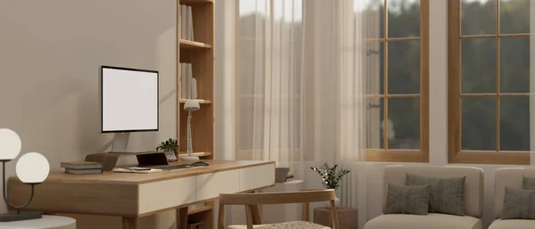 ワークスペースのインテリアデザイン 木製テーブルのコンピュータモックアップ 木製のアームチェア 窓や家の装飾に対するソファ付きの美しい北欧の家庭のリビングルームのサイドビュー 3Dレンダリング 3Dイラスト — ストック写真