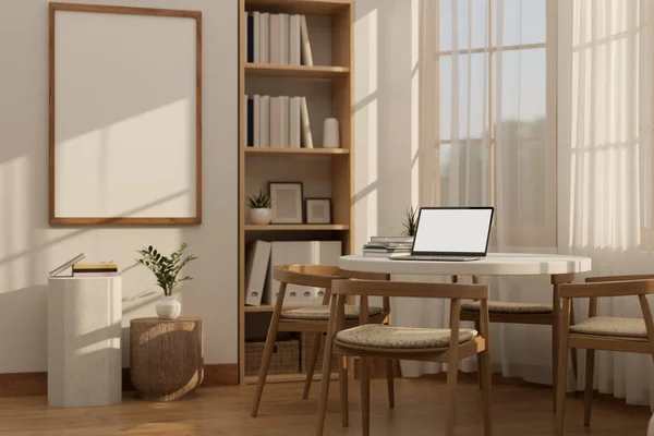 漂亮舒适的斯堪的纳维亚家庭室内设计 笔记本电脑在窗边的桌子上 墙上的框架模型和家居装饰 3D渲染 3D说明 — 图库照片
