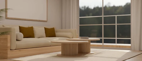 居心地の良いソファ 最小限のラウンドコーヒーテーブル カーペット バルコニー付きの窓と純カーテン付きの美しく快適なリビングルームのインテリアデザイン 3Dレンダリング 3Dイラスト — ストック写真