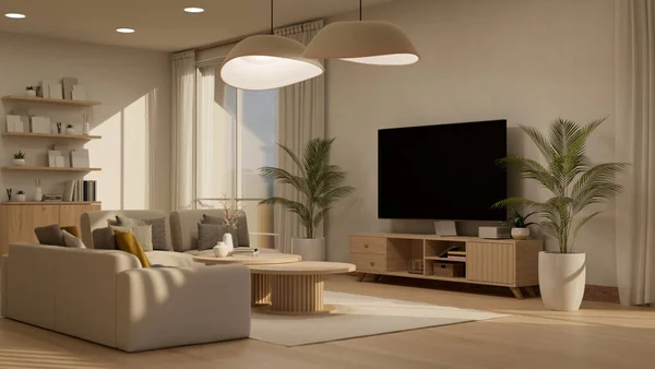 舒适的当代客厅室内设计 电视机柜上的智能电视 时尚的吊床 舒适的沙发 咖啡桌 家居用品和装饰 3D渲染 3D说明 — 图库照片