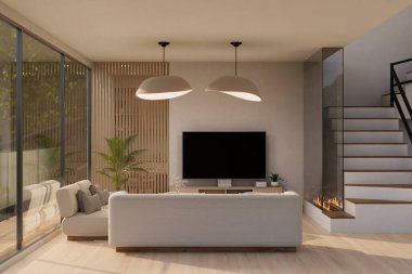 Modern çağdaş oturma odası iç tasarımı merdiveni olan, TV dolabında akıllı televizyon, şık kolyeler, kanepe, ev bitkisi ve ev dekoru. 3d görüntüleme, 3d illüstrasyon
