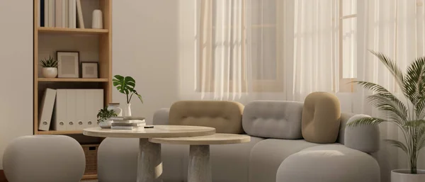 Cozy Contemporary Living Room Interior Design Comfortable Sofa Window Sheer — Stock Photo, Image