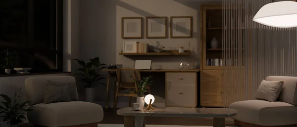 Modern Karanlık Oturma Odasının Tasarımı Minimum Masa Lambası Sehpanın Kanepenin — Stok fotoğraf