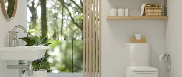 现代洁白干净的浴室室内设计 配有卫生间 水龙头 带有自然景观的窗户 室内植物和卫生用品 3D渲染 3D说明 — 图库照片