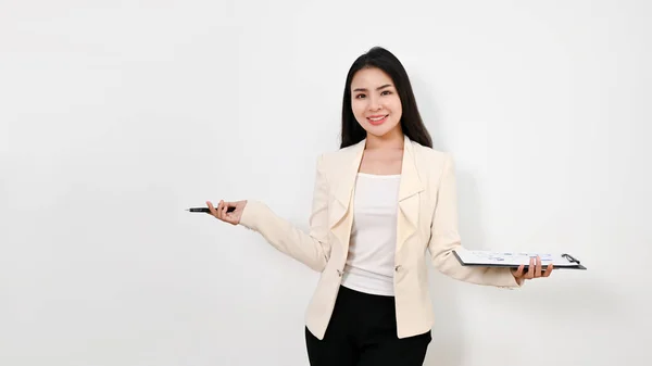 Attractive Charming Millennial Asian Businesswoman Formal Business Suit Open Her — Stock Photo, Image