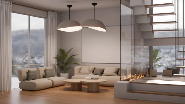 Design Intérieur Moderne Luxueux Avec Canapé Confortable Table Basse Pendentifs — Photo