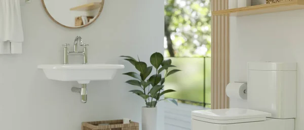 Современный Белый Чистый Дизайн Интерьера Ванной Комнаты Туалетом Раковиной Краном — стоковое фото
