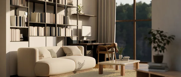 Cozy Scandinavian Living Room Beige Sofa Bookshelf Large Window Coffee — Stock Photo, Image