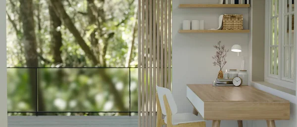 木製のテーブル 白い椅子 景色のある大きなガラス窓 装飾が施された最小限の北欧の家庭用ワークスペースのインテリアデザインの側面図 3Dレンダリング 3Dイラスト — ストック写真