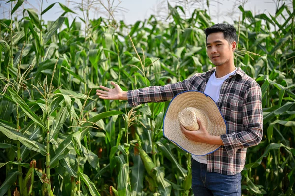 Portrét Mladého Pracovitého Farmáře Pracujícího Kukuřičném Poli Zemědělský Podnikatelský Koncept — Stock fotografie