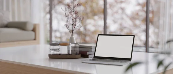 Κοντινό Πλάνο Εικόνα Του Laptop Λευκή Οθόνη Mockup Και Διακόσμηση — Φωτογραφία Αρχείου