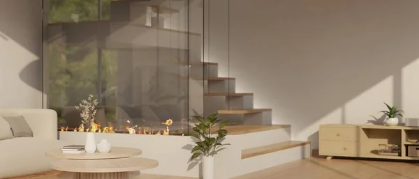 Modern Kortárs Nappali Lépcsőzetes Belső Kialakítással Kényelmes Bézs Kanapéval Modern — Stock Fotó