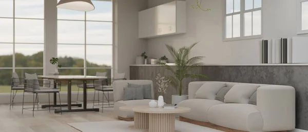モダンな現代的な広々としたリビングルームのインテリアデザインベージュ居心地の良いソファ コーヒーテーブル 観葉植物や家の装飾の近くにモダンなダイニングテーブル 3Dレンダリング 3Dイラスト — ストック写真