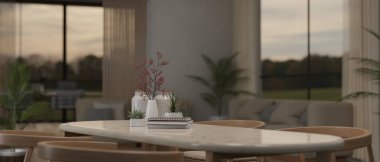 En az beyaz mermer yemek masasında ürün sergisi için en az konforlu oturma odasında dekorasyon alanı. Çalışma alanı konsepti. 3d görüntüleme, 3d illüstrasyon