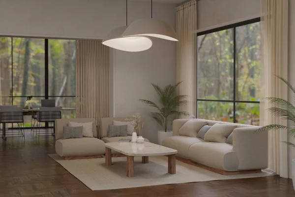 舒适舒适宽敞的客厅室内设计 有舒适的米黄色沙发 咖啡桌 时尚的装饰 室内植物 大窗户和家居装饰 3D渲染 3D说明 — 图库照片